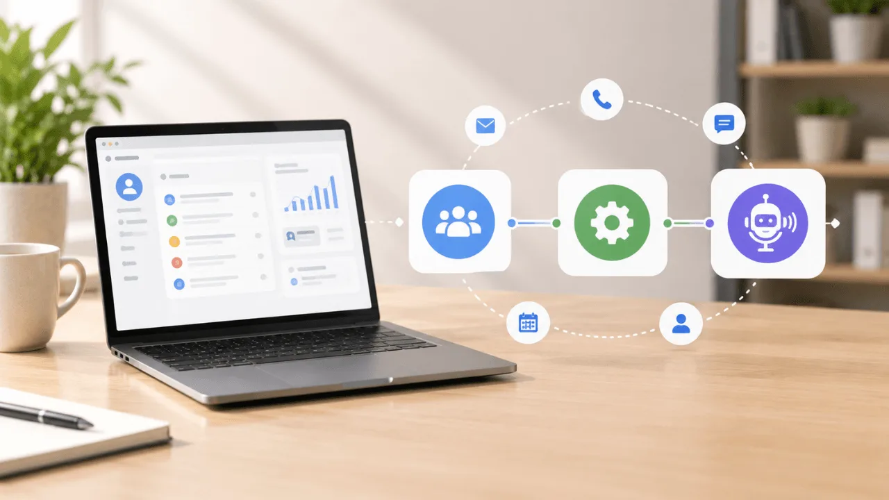 Schemat integracji CRM, automatyzacji procesów i voicebota w firmie usługowej