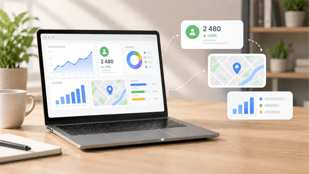 Panel analityczny na laptopie z wykresami konwersji i mapą lokalną do mierzenia celów marketingowych