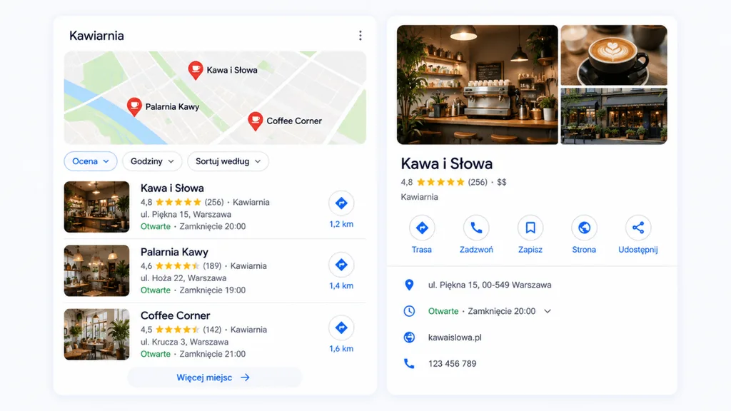 Przykład dobrze wypełnionej wizytówki Google w wynikach Local Pack